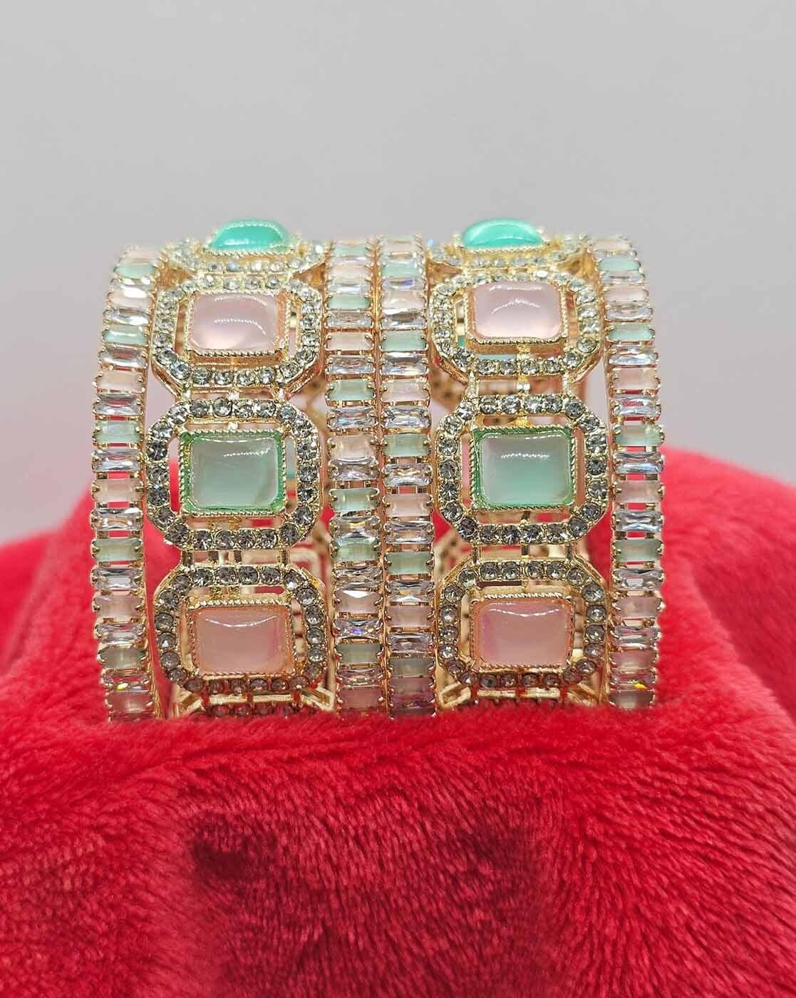 Set of 6 Kundan Stone - Studded Brass Bangles for Women – Traditional Floral Design in Sizes 2.4, 2.6, 2.8 - aromie