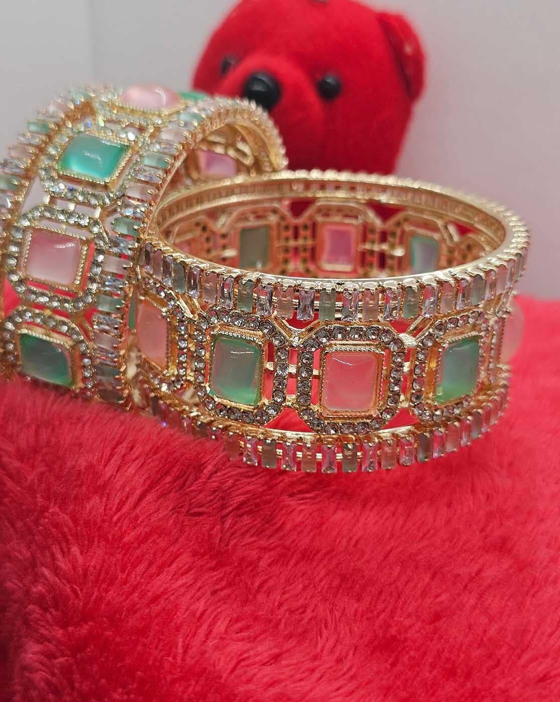 Set of 6 Kundan Stone - Studded Brass Bangles for Women – Traditional Floral Design in Sizes 2.4, 2.6, 2.8 - aromie