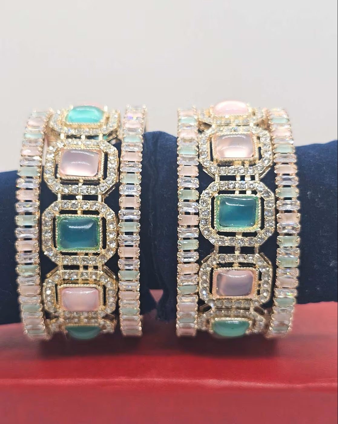 Set of 6 Kundan Stone - Studded Brass Bangles for Women – Traditional Floral Design in Sizes 2.4, 2.6, 2.8 - aromie