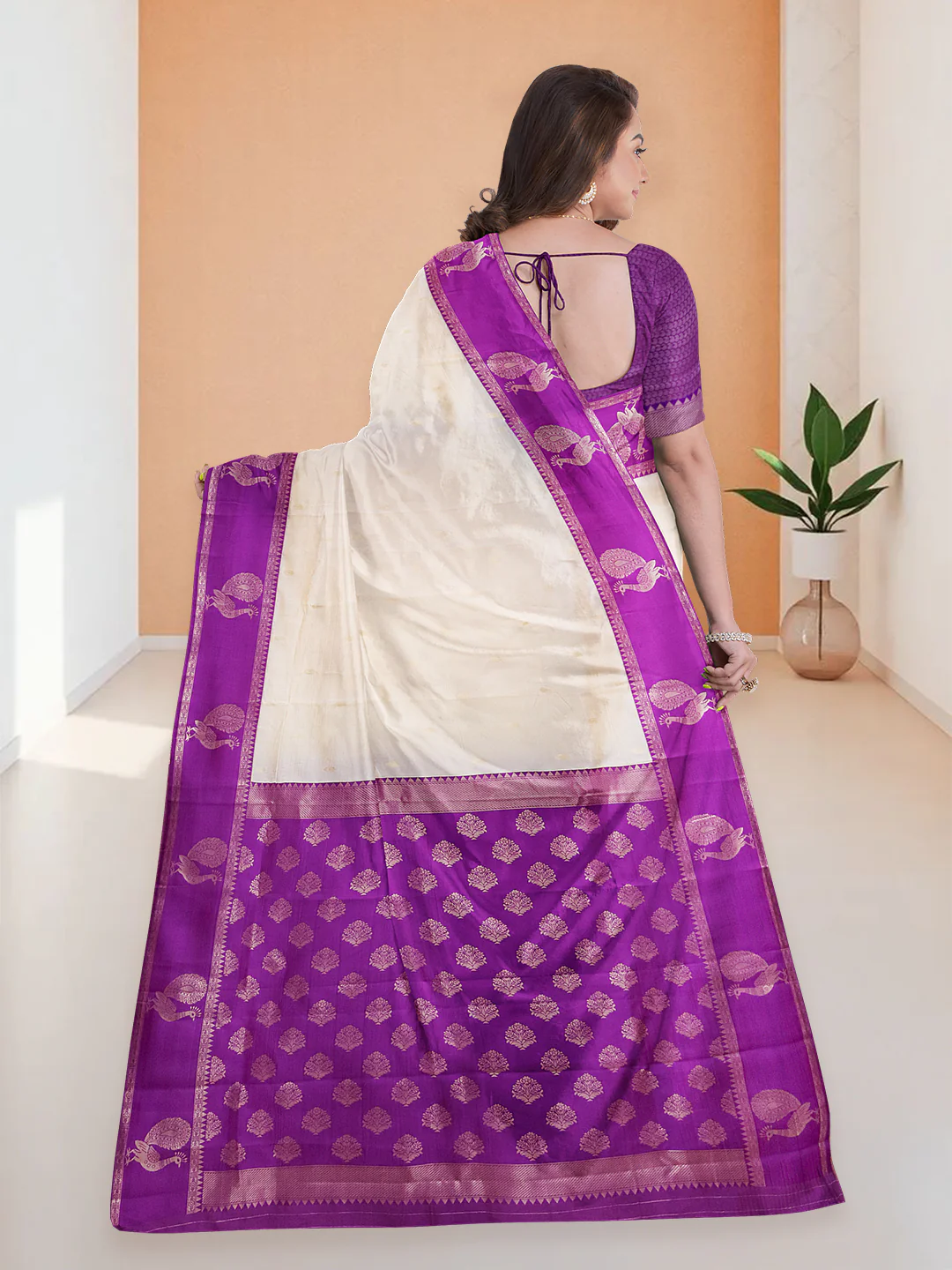 Elegant purple and cream silk art saree Canada with intricate patterns, perfect for festive occasions