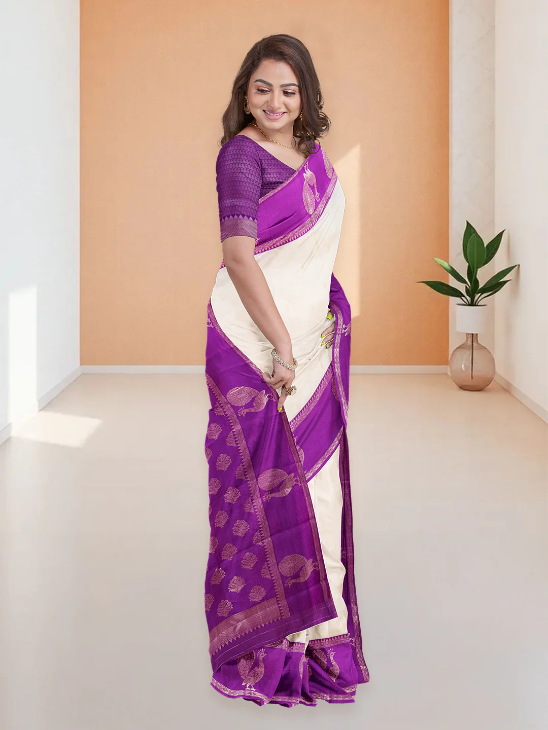 Elegant purple and cream silk art saree perfect for weddings in Canada with intricate detailing and a graceful drape