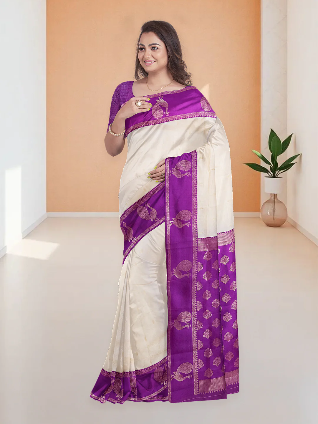 Cream and purple silk art saree Canada with intricate designs, perfect for weddings and special occasions