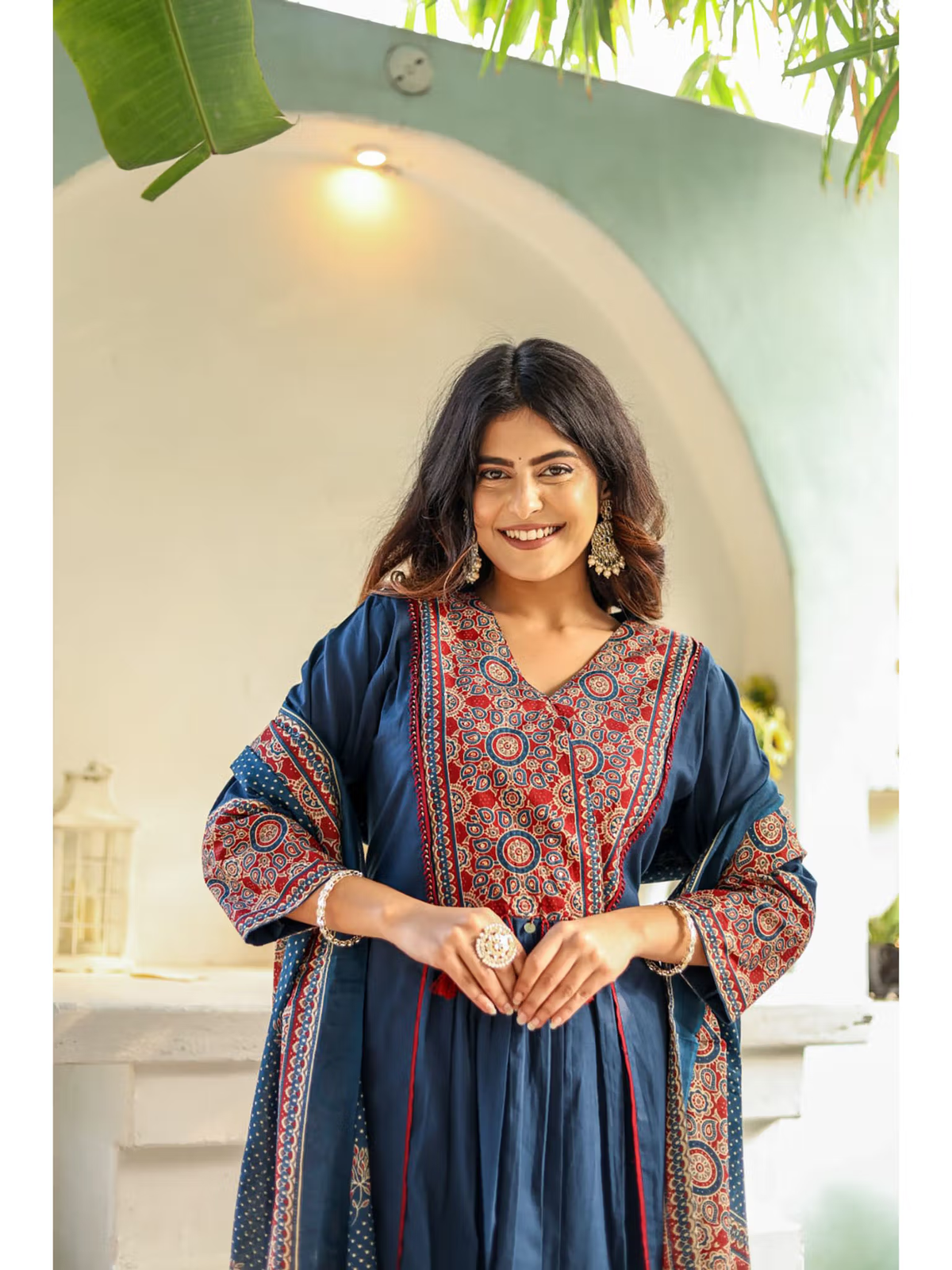 Elegant three piece silk blend kurta set Canada in navy with intricate embroidery and stylish sleeves