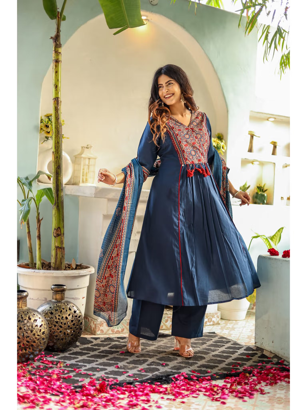 Elegant three piece silk blend kurta set Canada featuring intricate embroidery and flowing design