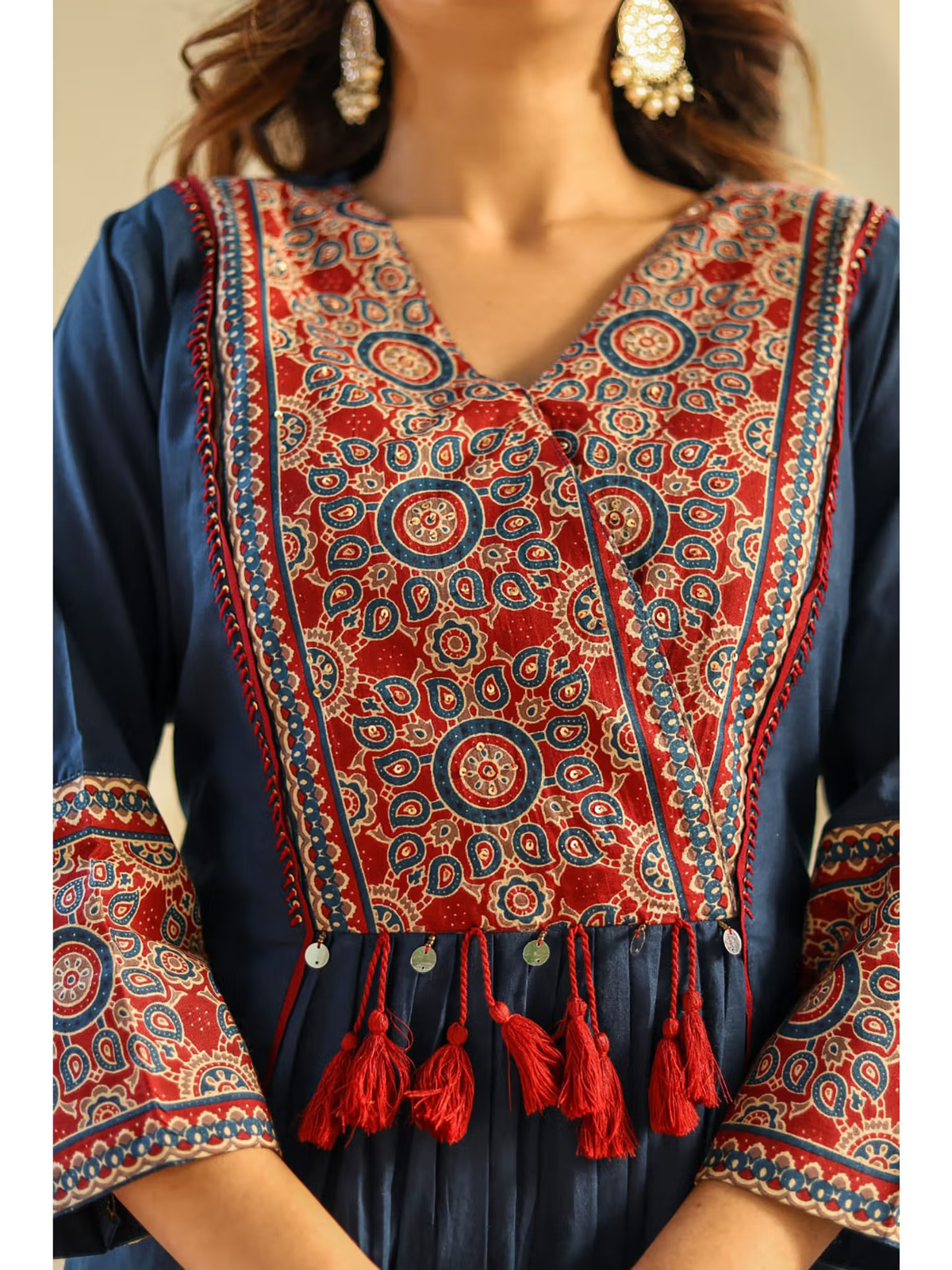 Elegant three piece silk blend kurta set Canada with intricate pattern and tassel details
