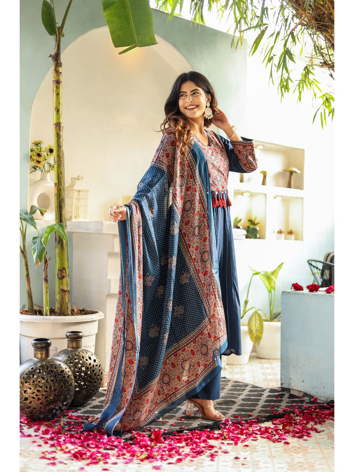 Elegant silk blend kurta set Canada featuring intricate patterns and a flowing cape for a stylish look