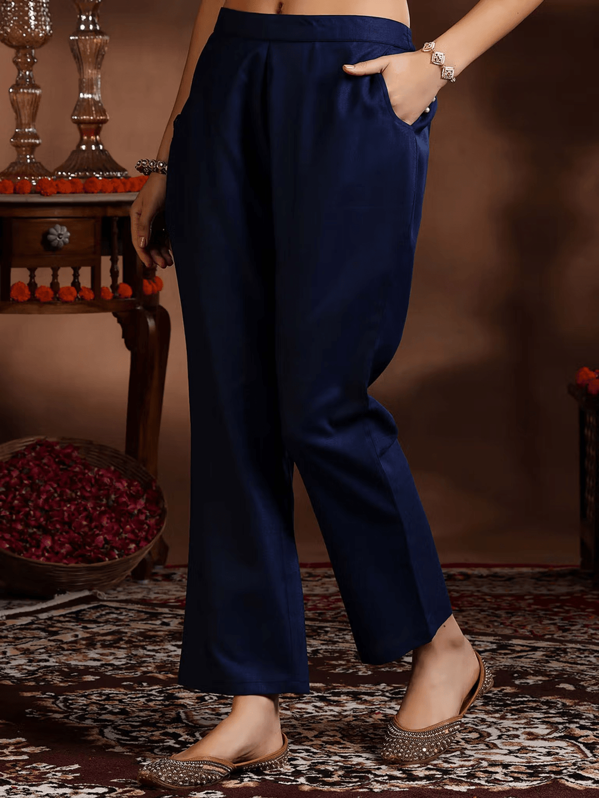 Elegant navy blue silk blend kurta set with pockets for stylish comfort and versatility