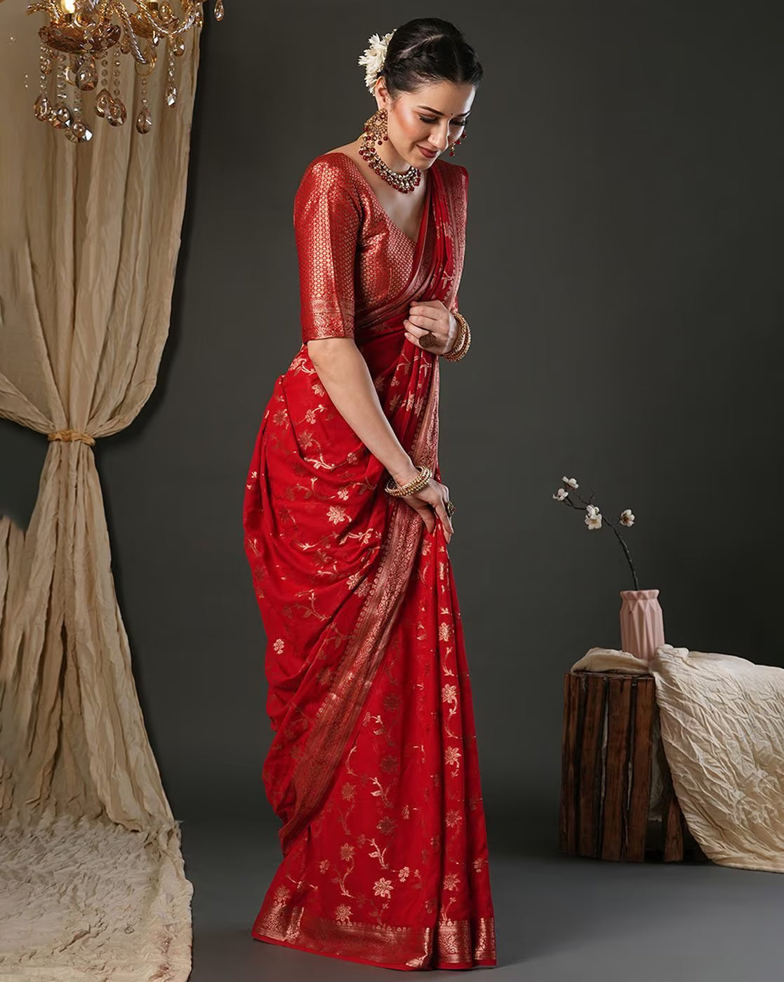 Elegant model draped in a silk blend pink saree Canada featuring intricate floral designs