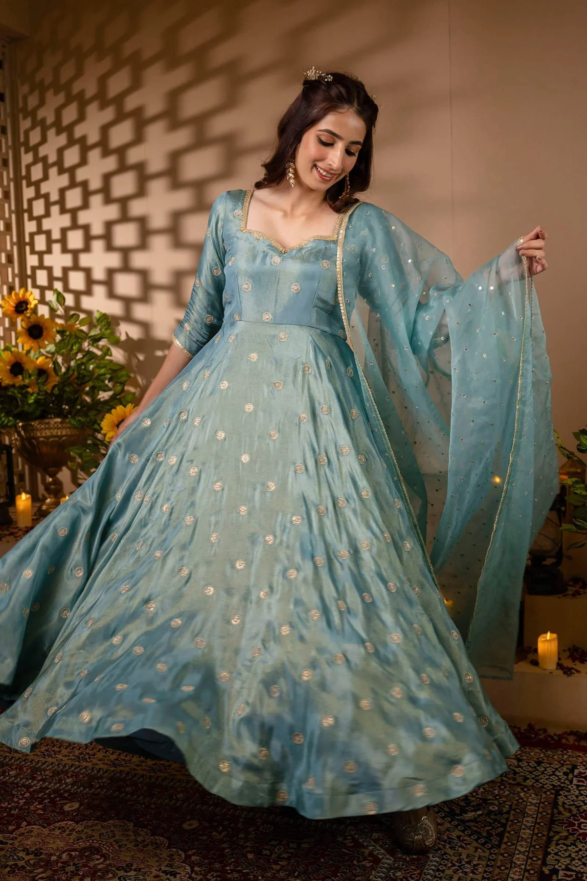 Front view of a blue silk embroidered anarkali suit set, perfect for weddings and festive occasions