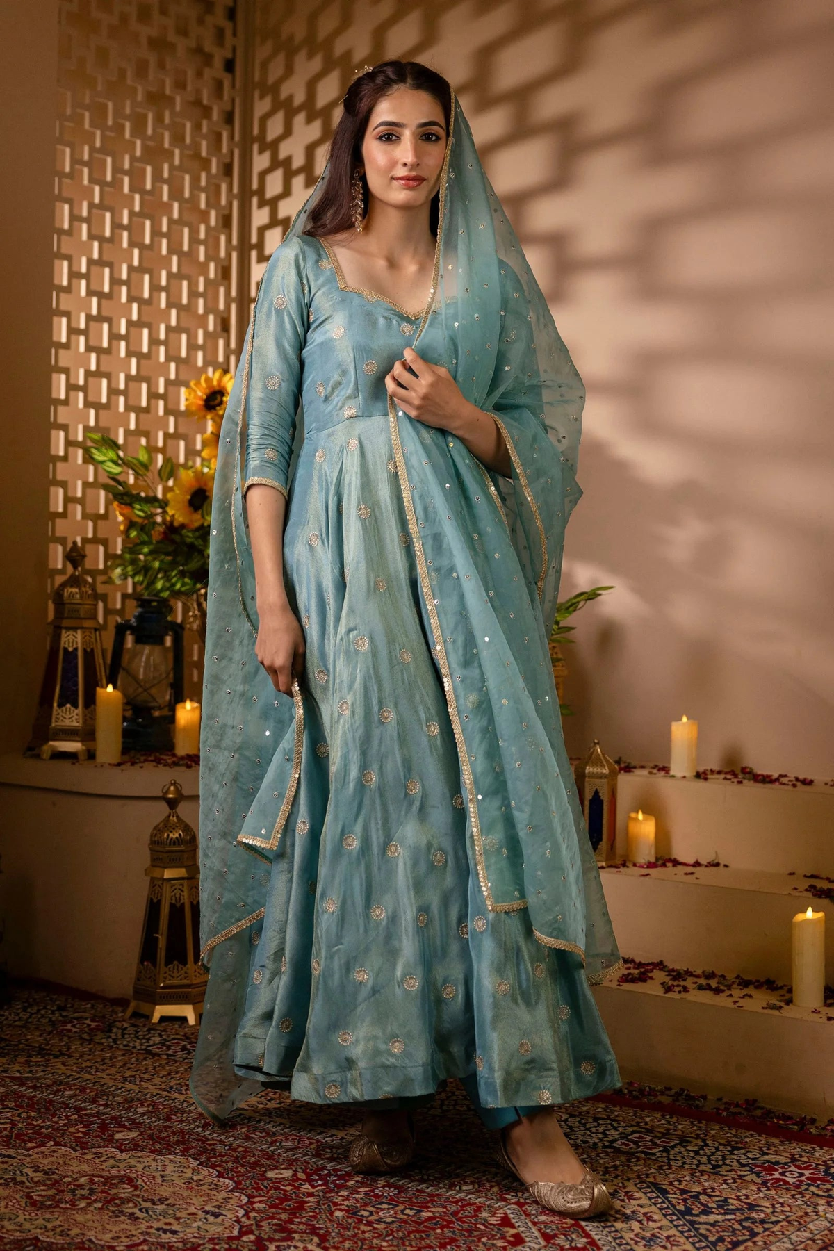 Light blue silk embroidered anarkali suit set with a front view, perfect for weddings and festive occasions