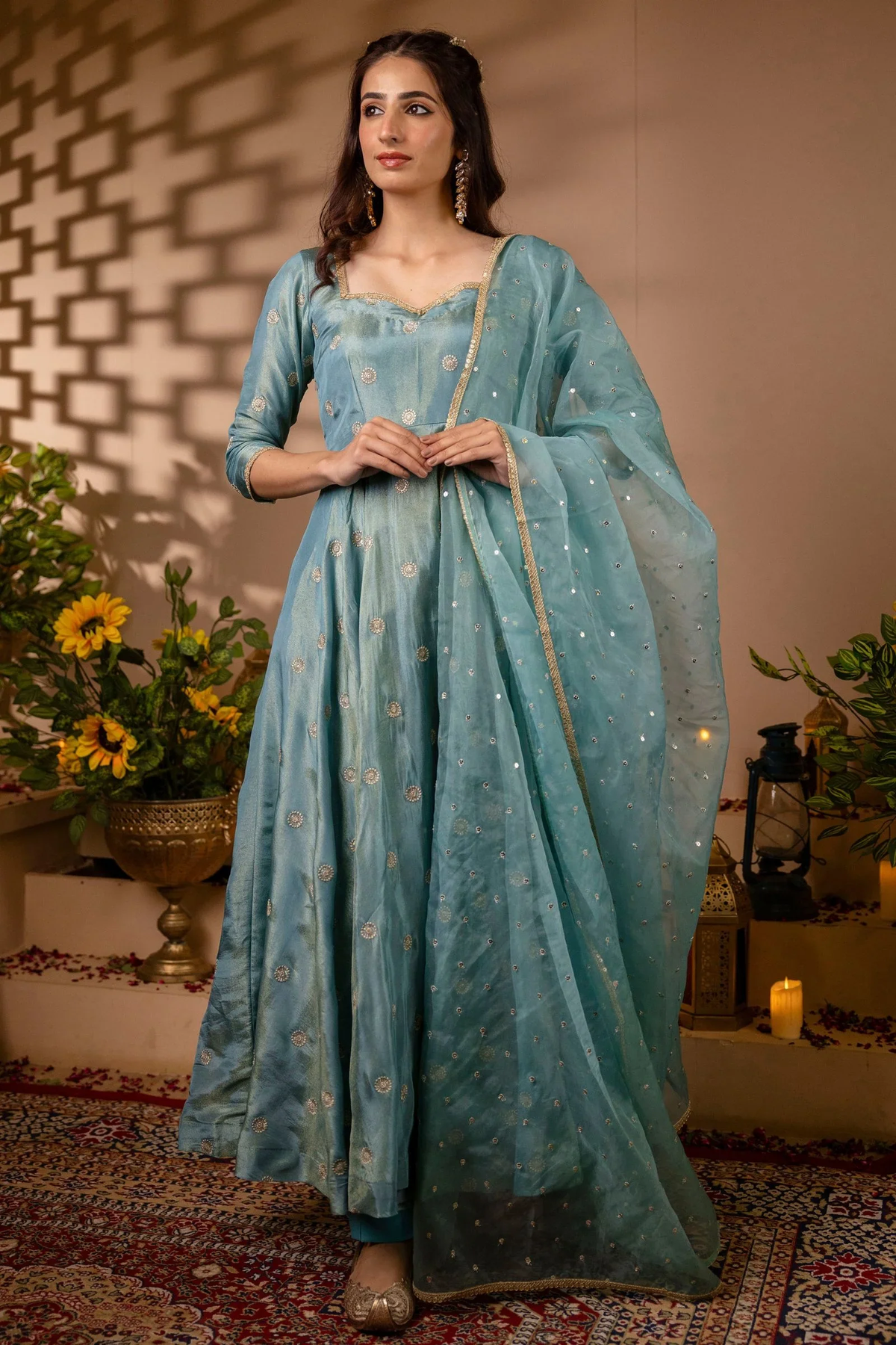 Elegant aqua blue silk embroidered anarkali suit set with detailed embroidery, perfect for festive occasions