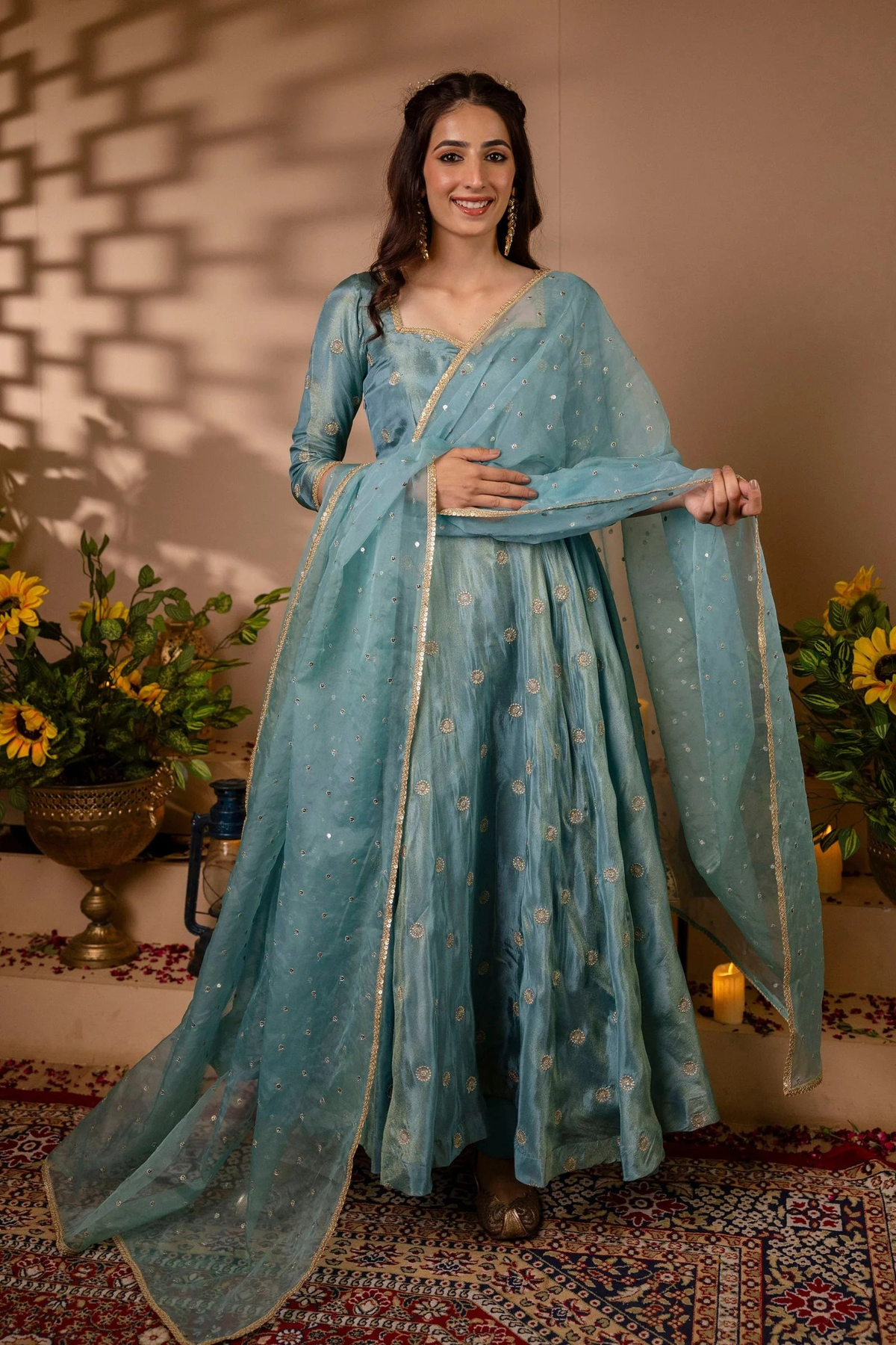 Light blue silk embroidered anarkali suit set with long sleeves, perfect for weddings and festive occasions