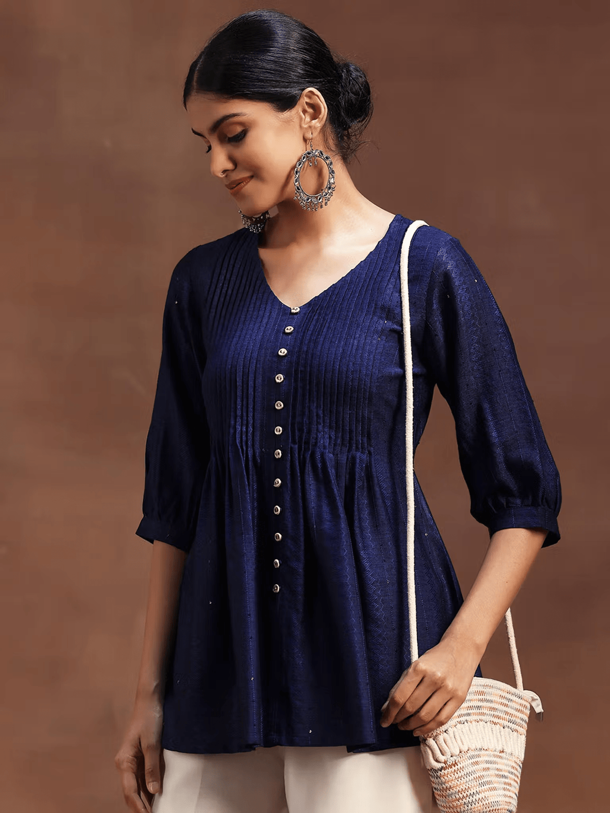 Silk Pleated A - Line Tunic – Comfortable Everyday Wear with V - Neckline and Three - Fourth Sleeves - aromie