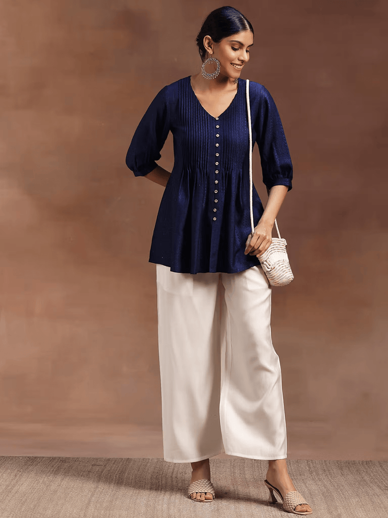 Silk Pleated A - Line Tunic – Comfortable Everyday Wear with V - Neckline and Three - Fourth Sleeves - aromie
