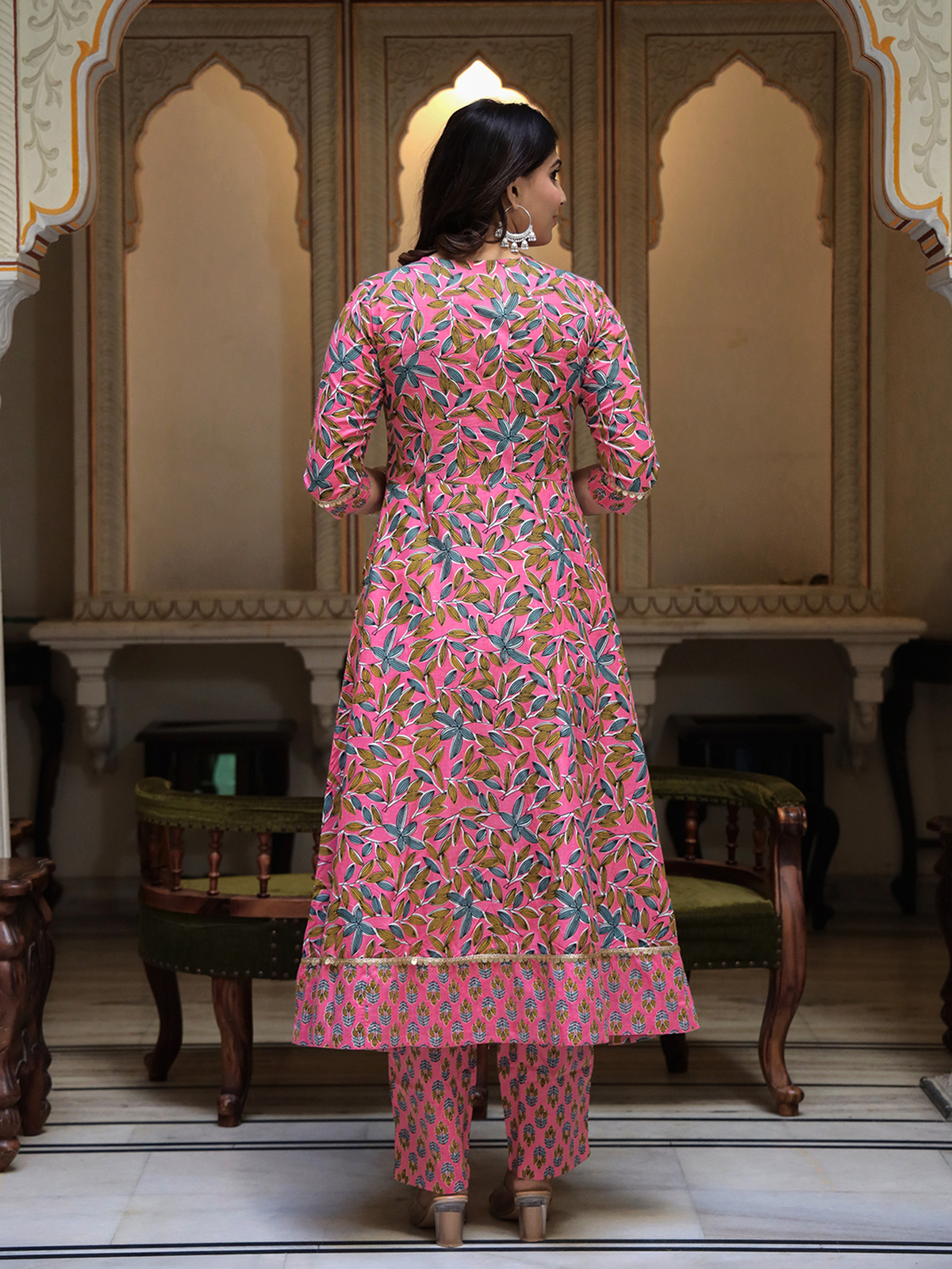 Aromie three piece Kurtha set featuring a floral silk pleated tunic Canada with traditional embroidery