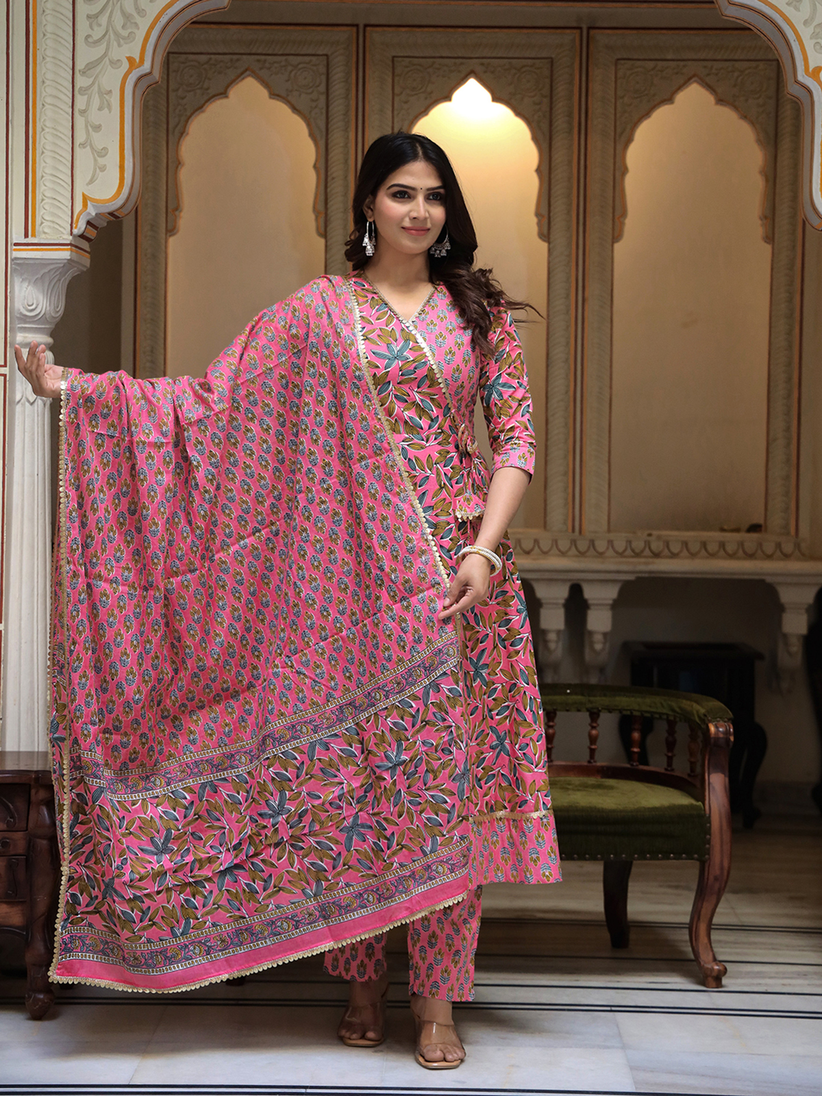 Aromie three piece silk pleated tunic Canada in vibrant pink with floral patterns and elegant dupatta