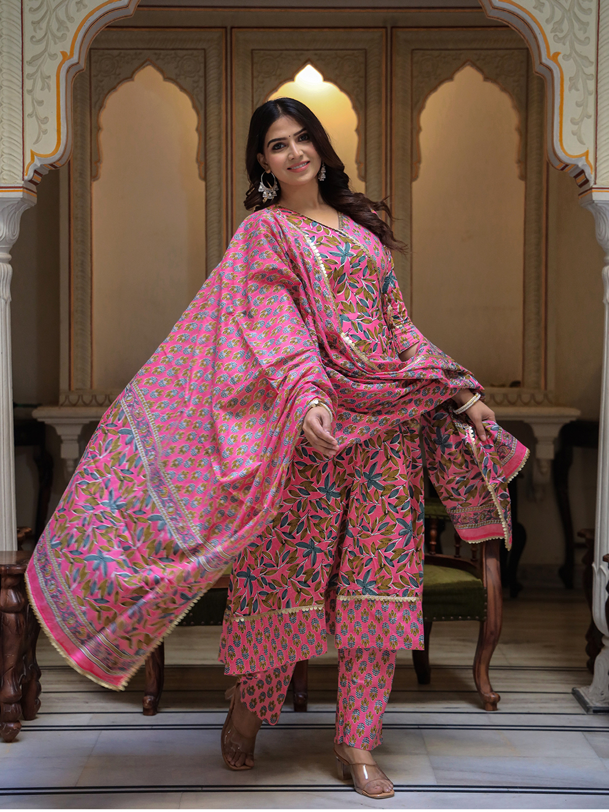 Aromie three piece kurtha set featuring a colorful silk pleated tunic Canada with matching pants and dupatta