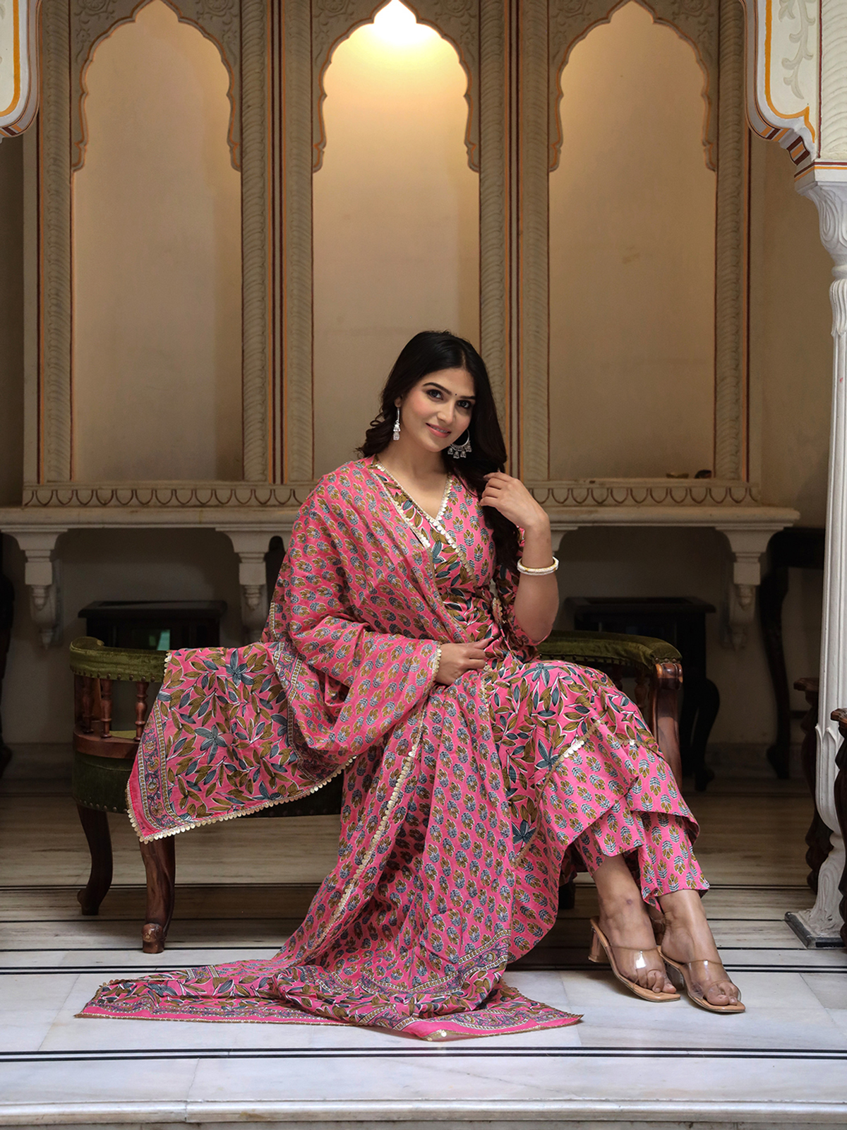 Elegant three piece Kurtha set in pink floral print, perfect for stylish occasions in Canada