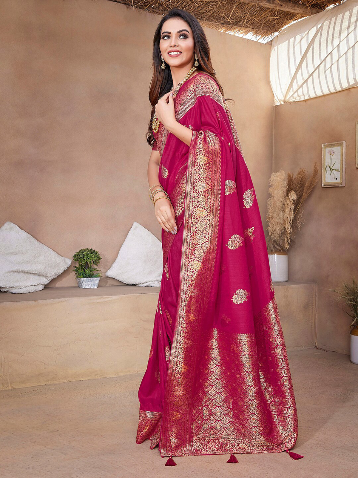 Elegant maroon silk saree Canada with intricate gold border, perfect for festive occasions and weddings
