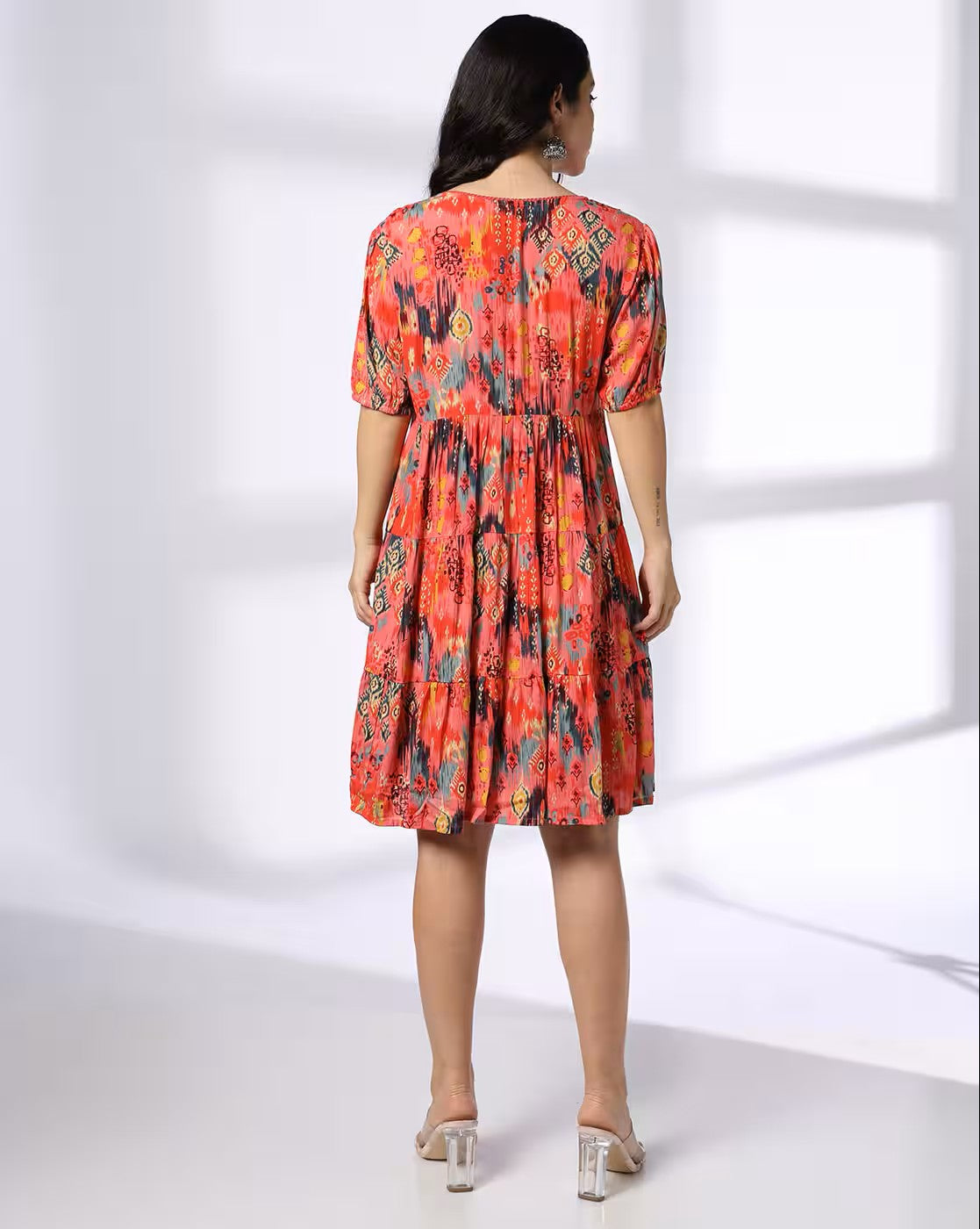 Aromie colorful patterned dress viewed from back, not sleeveless V-neck dress summer style