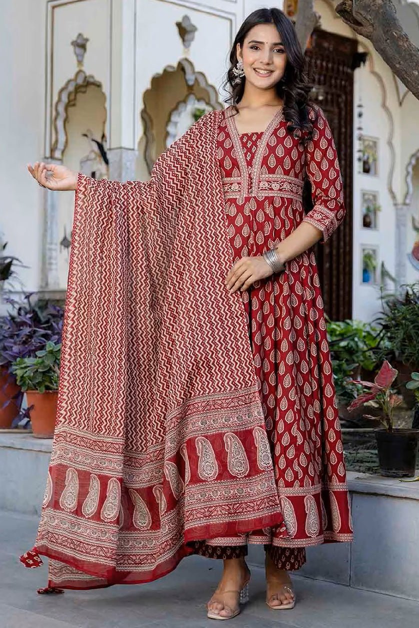 Aromie three piece soft cotton kurta set Canada in red with intricate floral design and matching dupatta