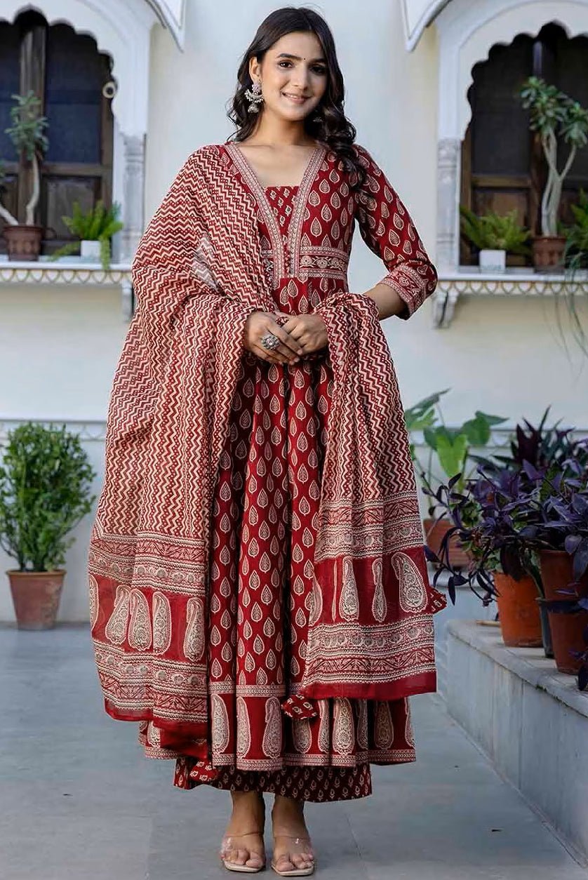 Aromie soft cotton kurta set Canada featuring a red printed design with detailed borders and matching dupatta