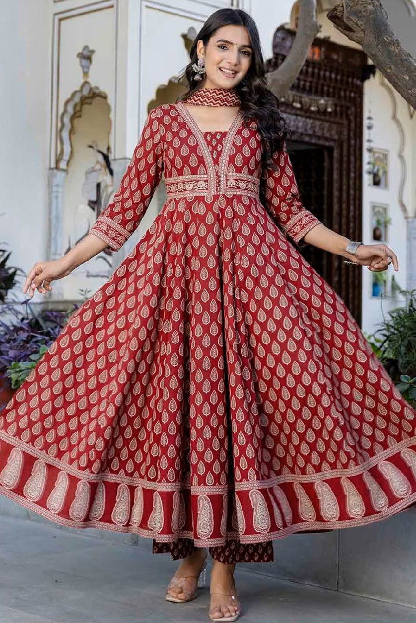 Elegant three piece soft cotton kurta set Canada in red with intricate patterns and a flared design