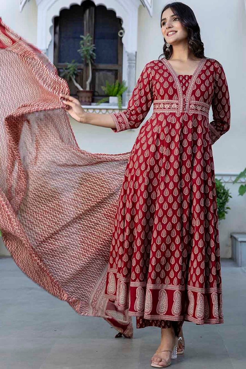 Aromie soft cotton kurta set Canada in rich red with elegant embroidery and flowing dupatta