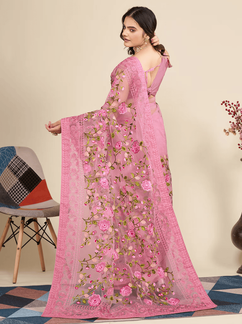 Soft Pink Net Saree with Floral Embroidery