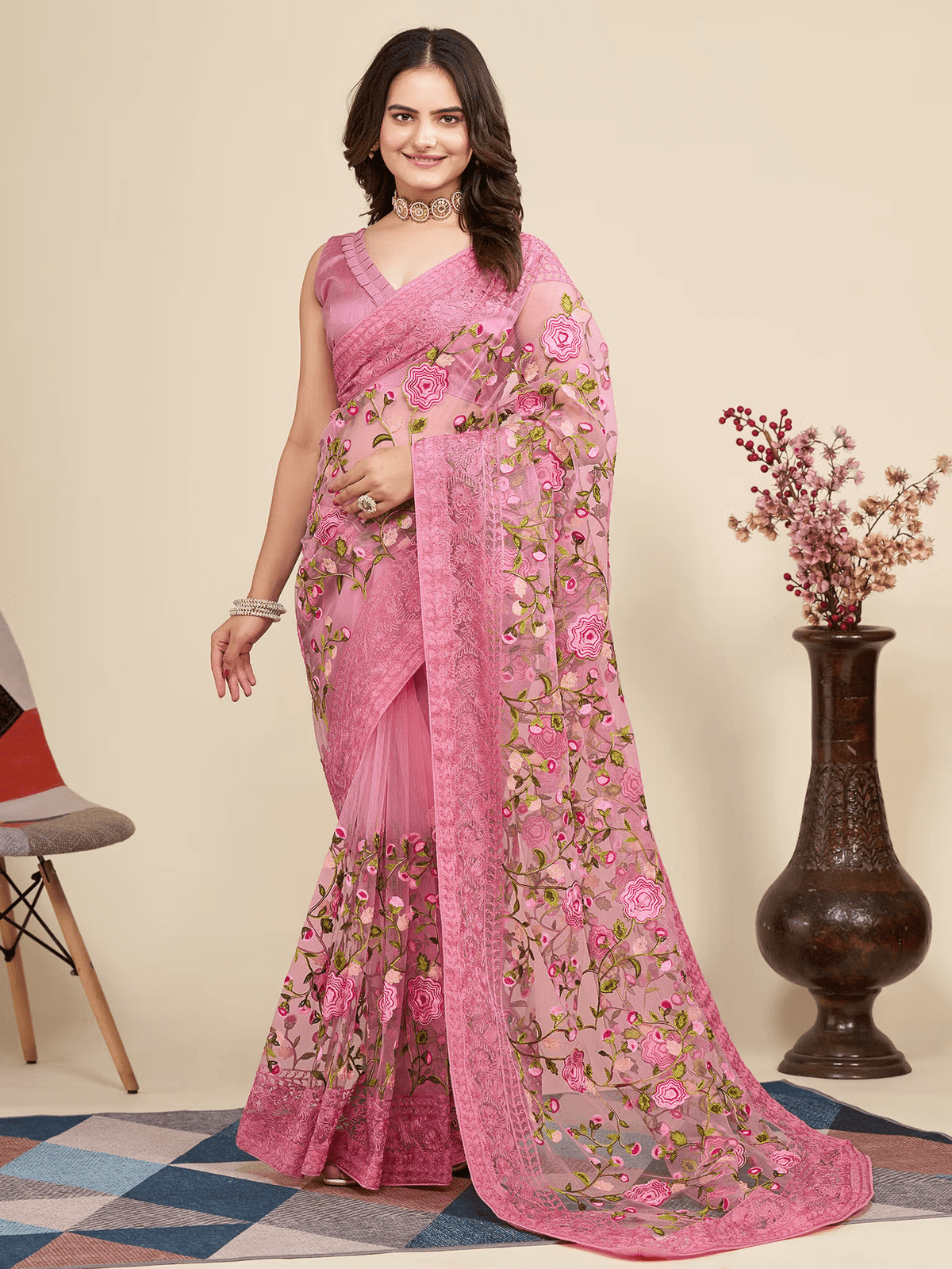 Soft Pink Net Saree with Floral Embroidery
