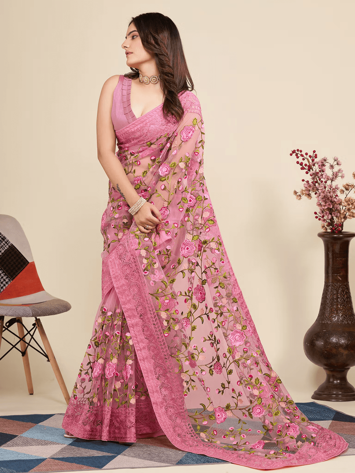 Soft Pink Net Saree with Floral Embroidery