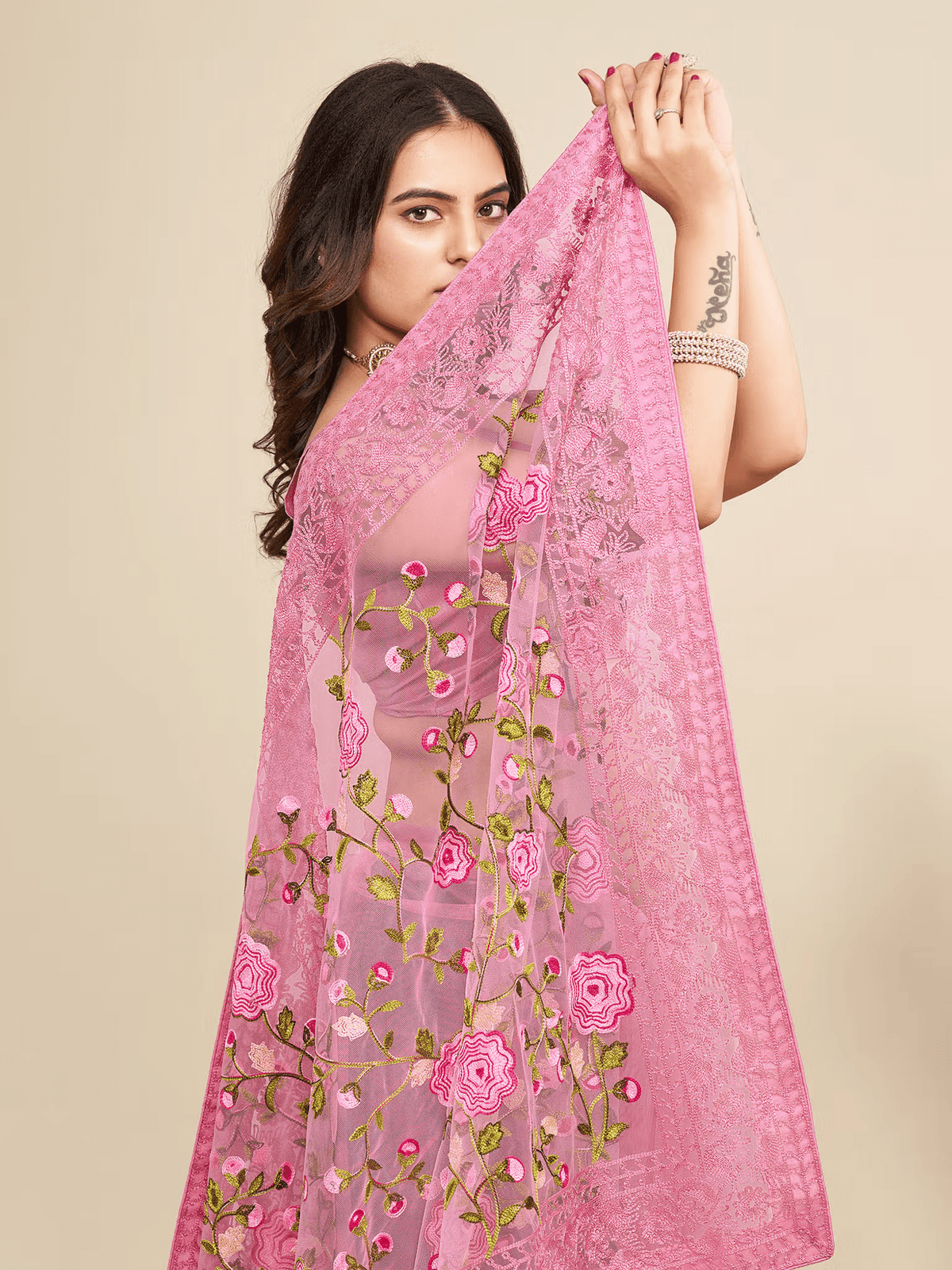 Soft Pink Net Saree with Floral Embroidery