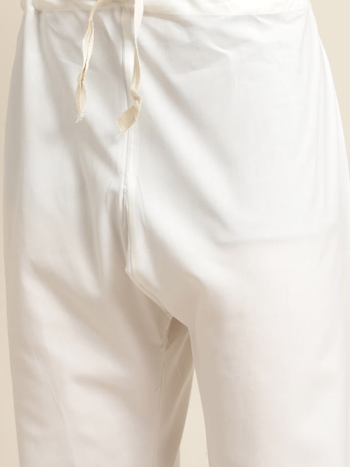 mens pink silk kurta set Canada white drawstring pajama pants close up showing waistband and fabric texture