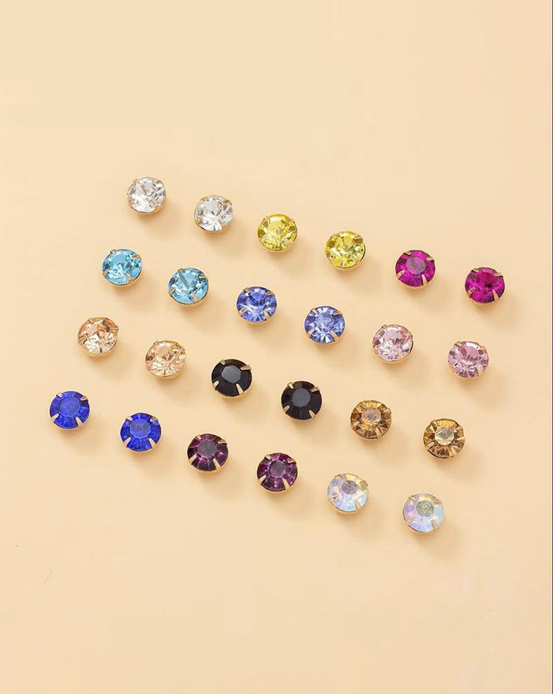 Stone Studded Brass Stud Earrings – Set of 12 Elegant Casual Earrings for Women - aromie