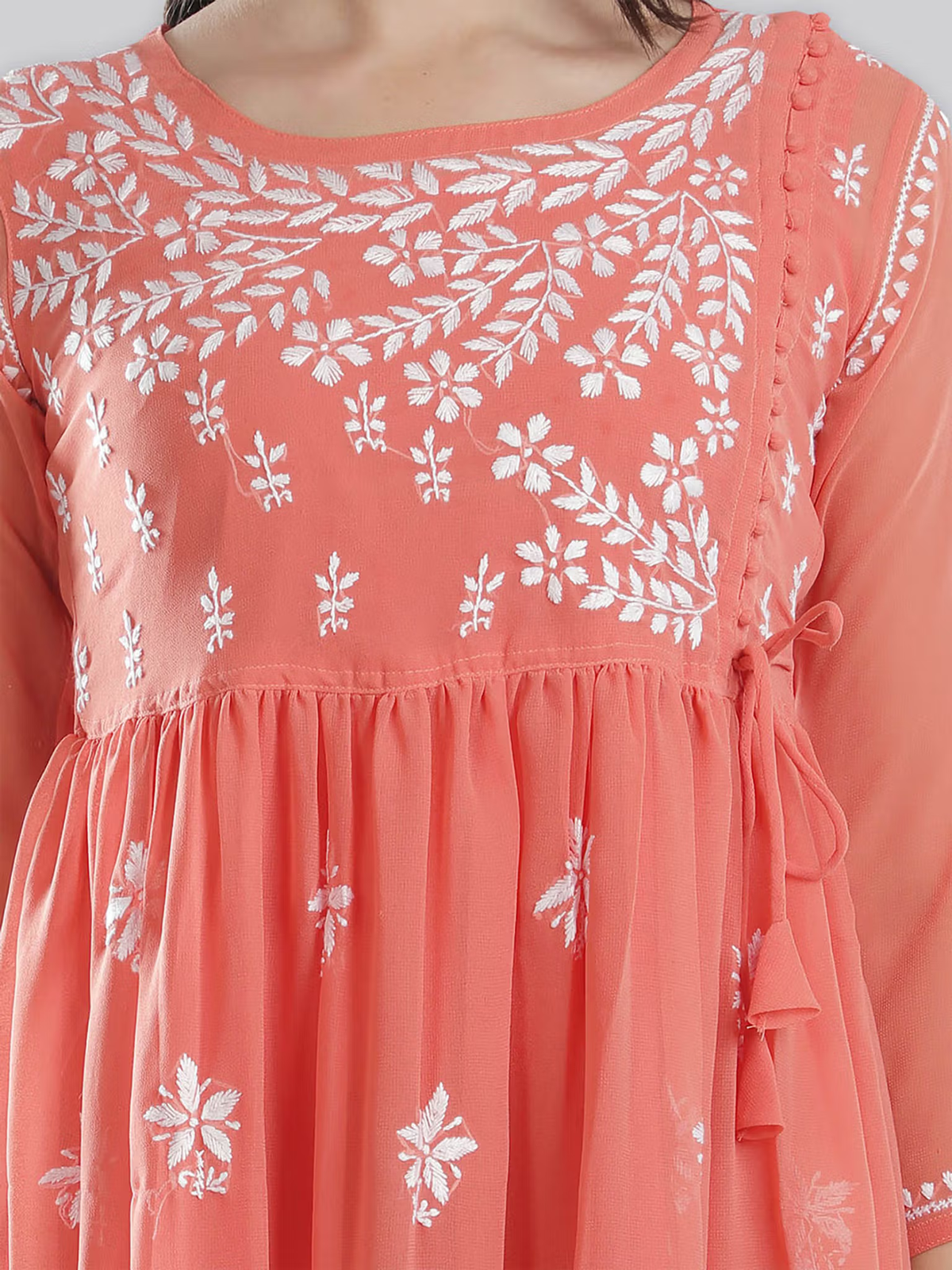 Aromie coral embroidered single piece kurta with white floral work and side tie detail fusion jumpsuit for women