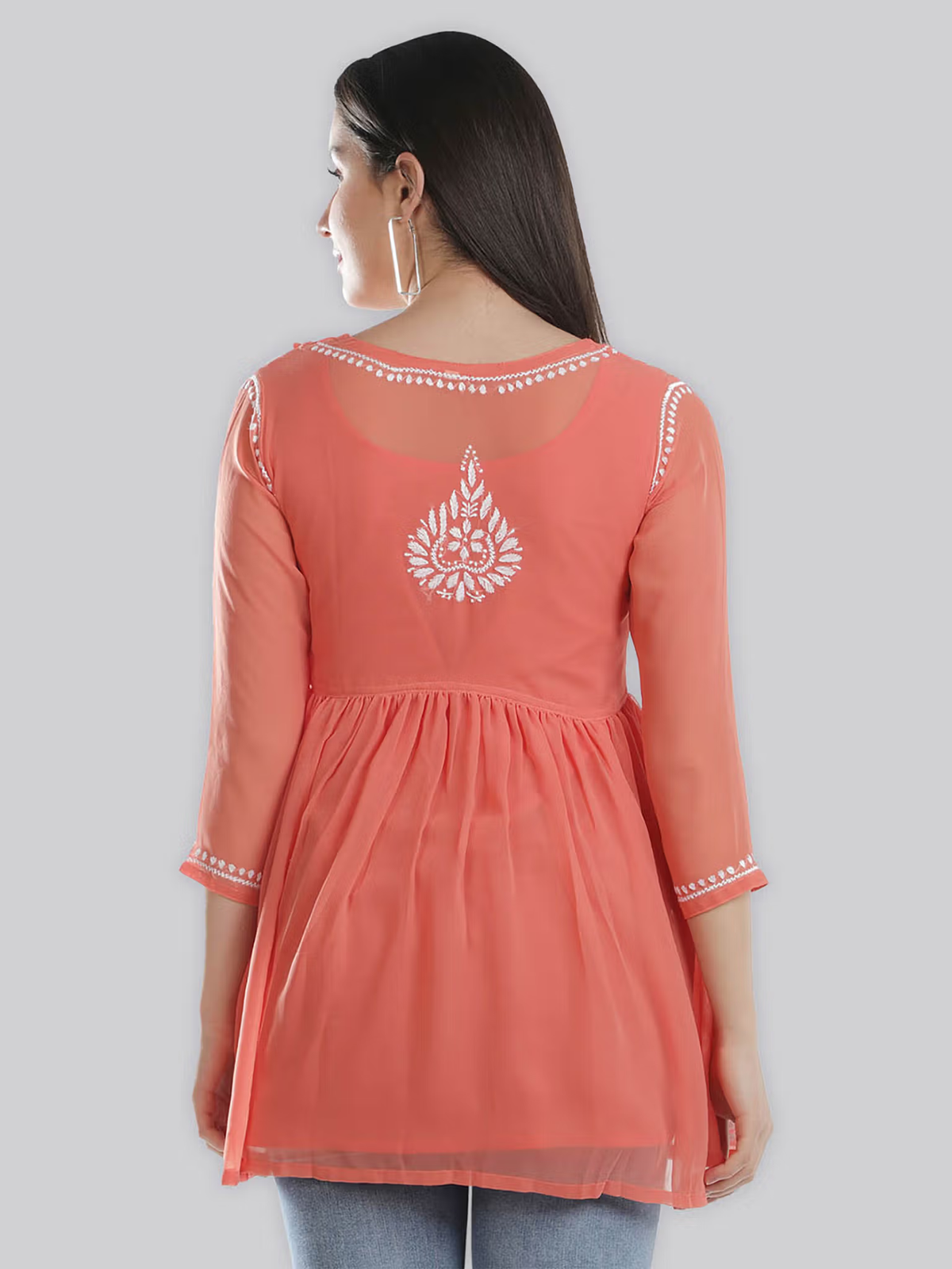 Aromie coral sheer single piece kurta back view with white embroidery and gathered waist fusion jumpsuit for women