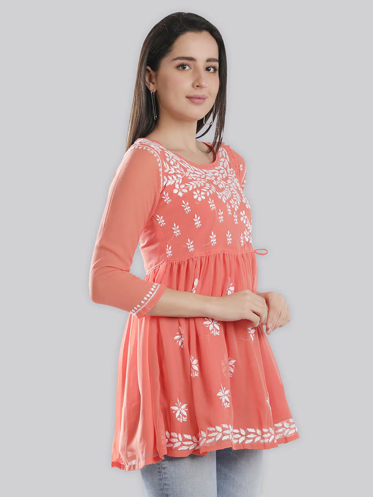 Aromie coral embroidered single piece kurta tunic with three quarter sleeves and waist tie fusion jumpsuit for women