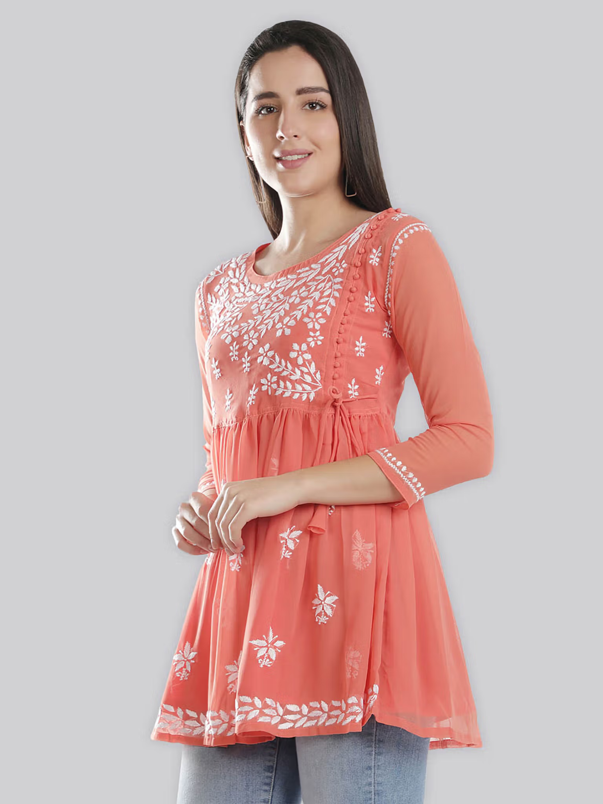 Aromie coral embroidered kurta tunic with three quarter sleeves and flowy hem styled into fusion jumpsuit for women