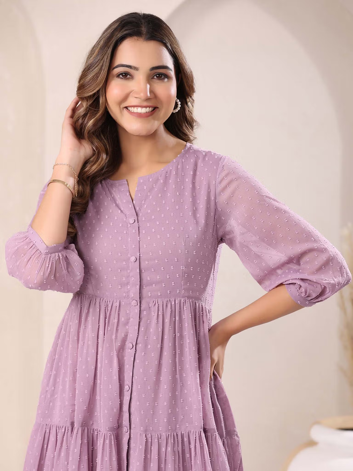 Aromie lavender tiered single piece kurta with button front and three quarter sleeves on model affordable pant-suit set women