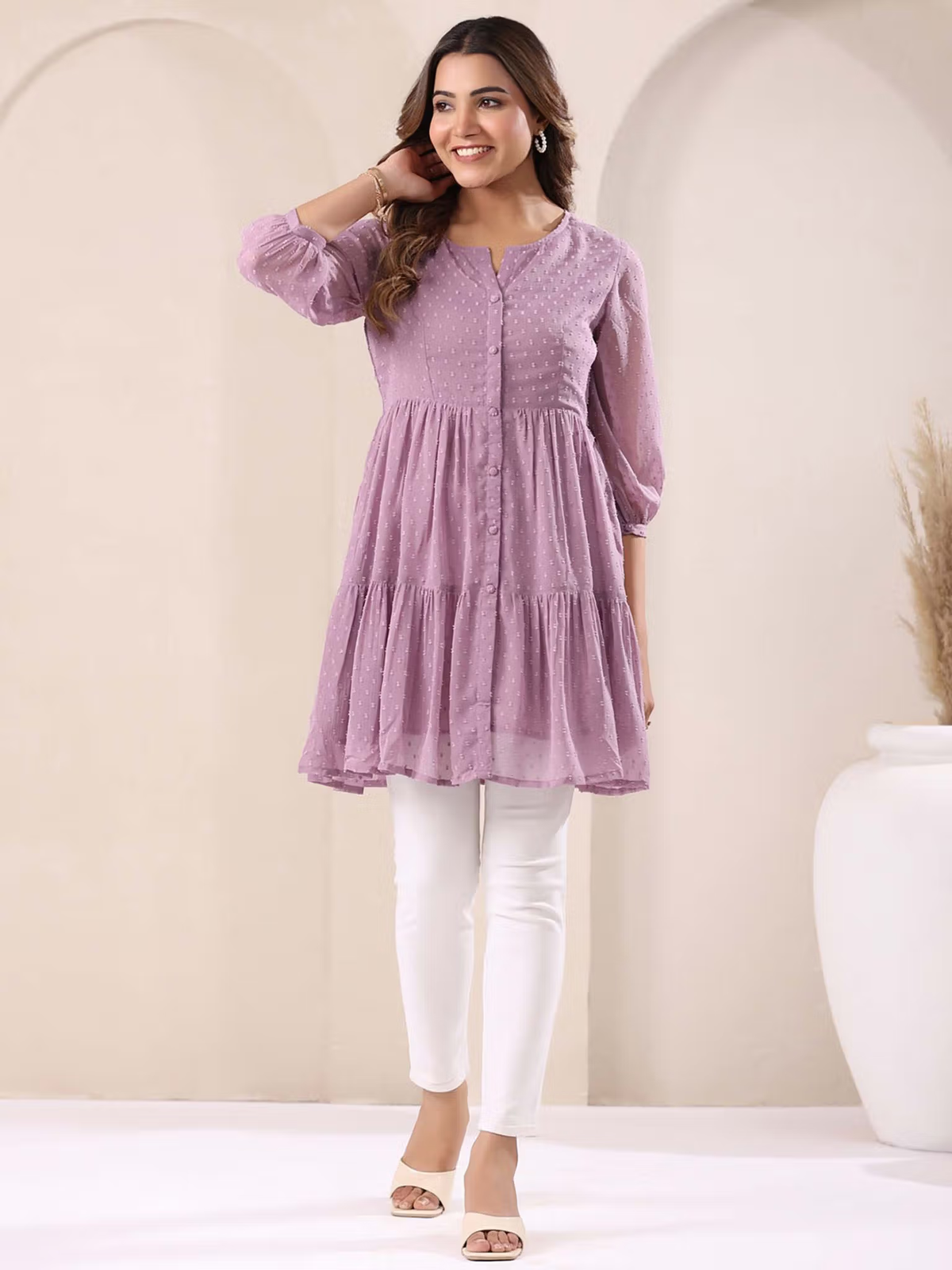 Aromie lavender tiered single piece kurta with white leggings for casual wear affordable pant-suit set women