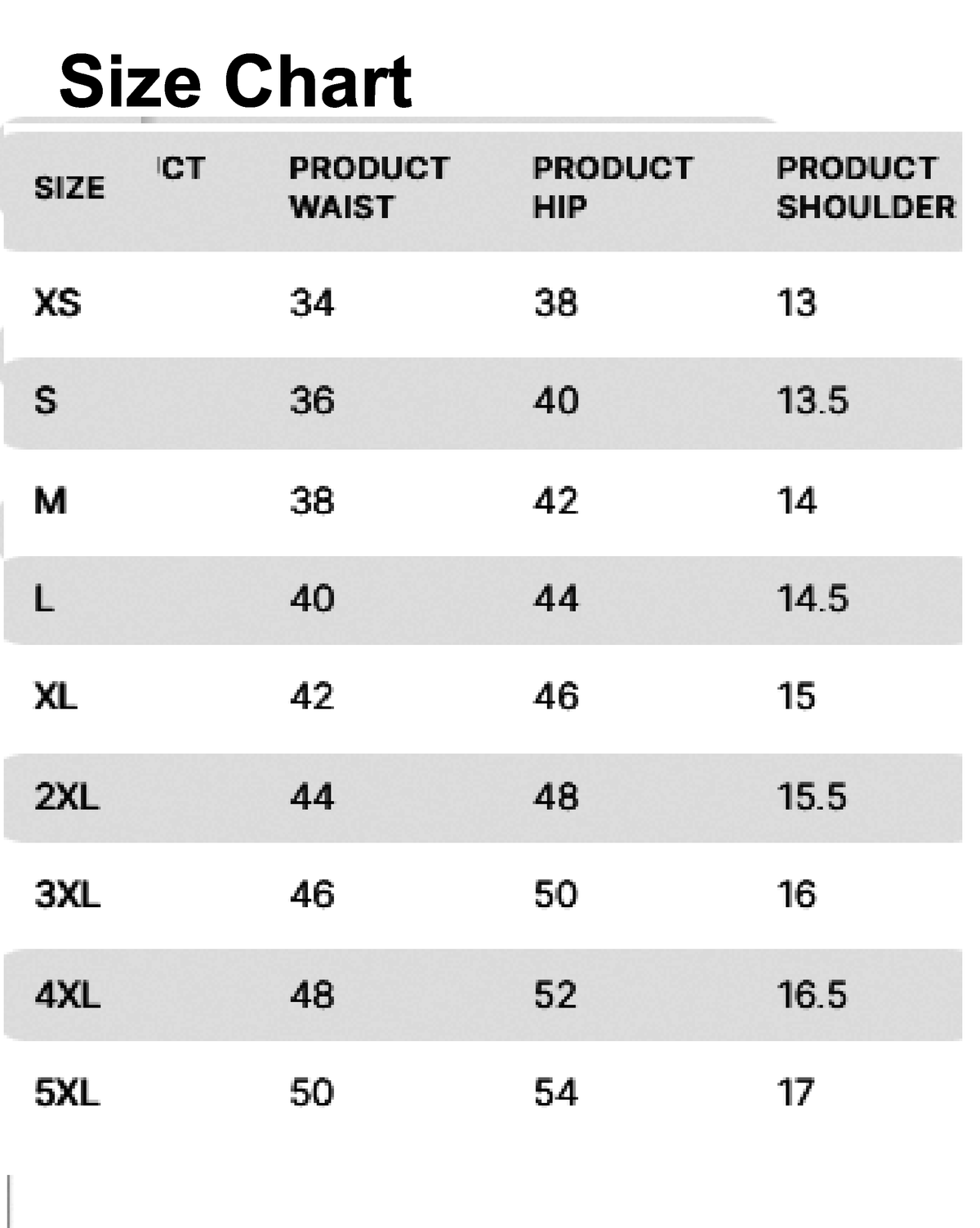Aromie single piece kurta size chart showing waist hip shoulder measurements XS to 5XL affordable pant-suit set women