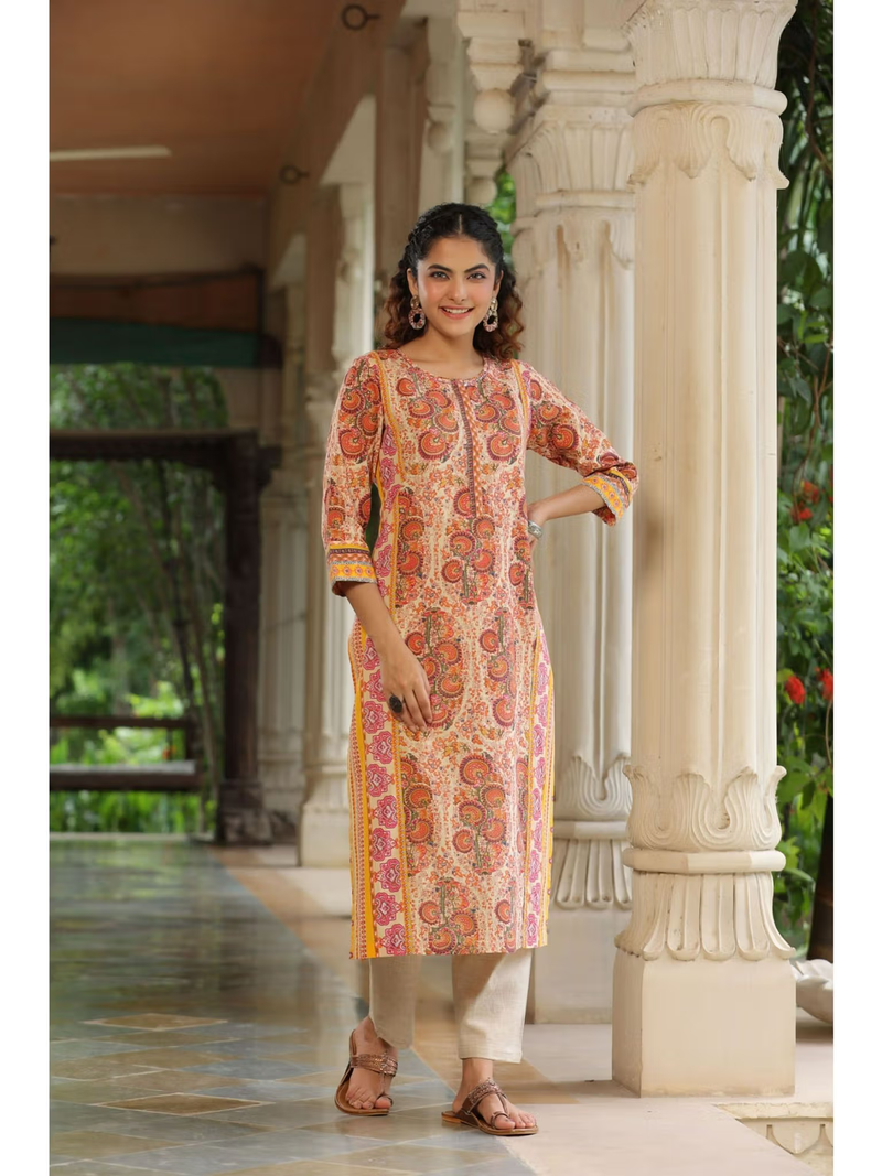 Aromie fusion wear printed kurta with beige pants and sandals model by pillars flared jumpsuit for women