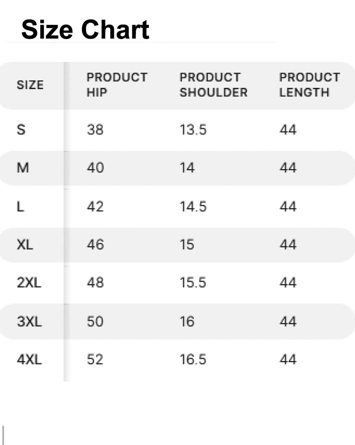Aromie Fusion Wear size chart showing hip shoulder and length measurements for flared jumpsuit for women sizes S to 4XL