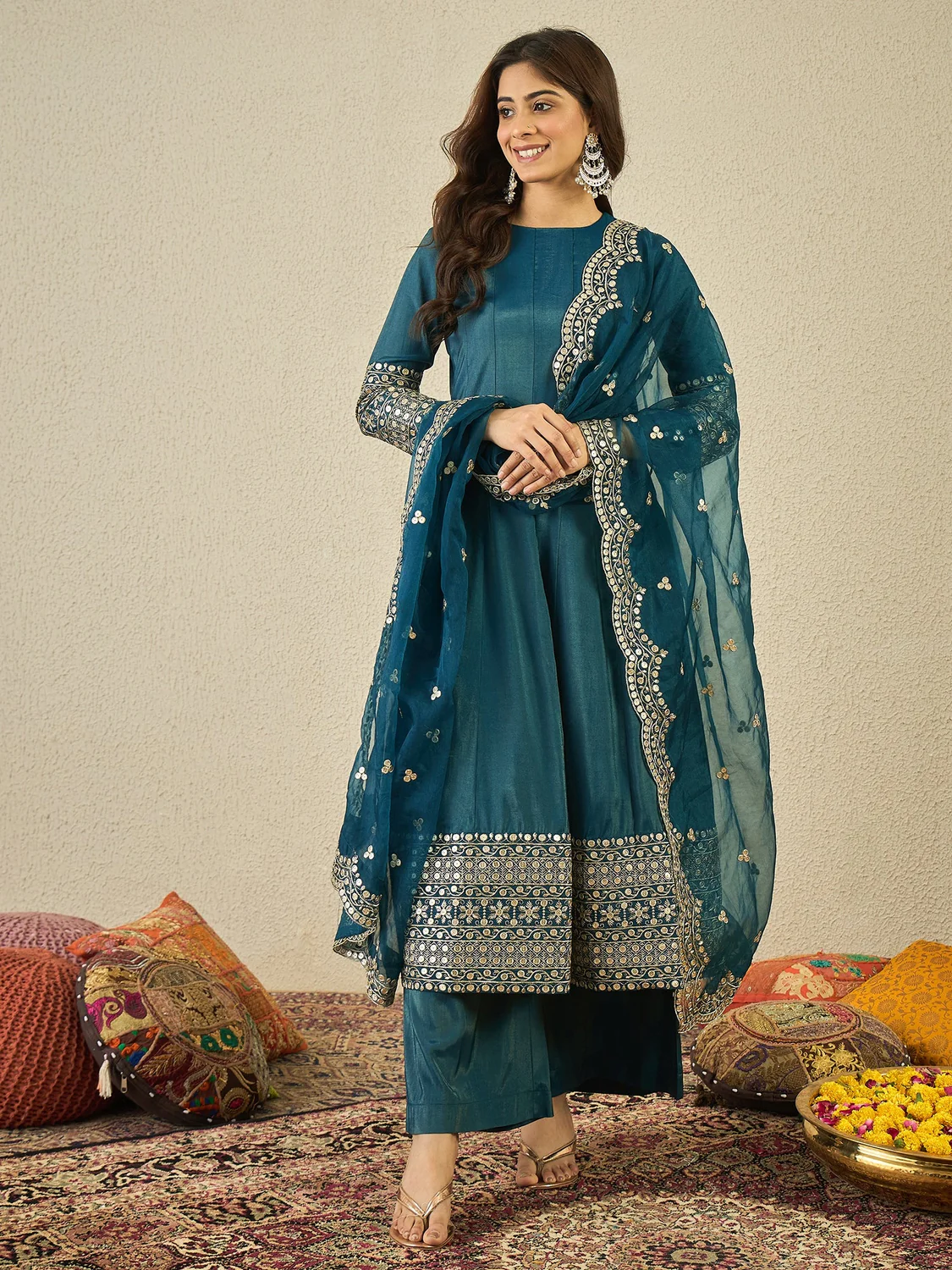 Teal Anarkali lehenga set online Canada, featuring intricate embroidery, suitable for festive occasions or weddings.