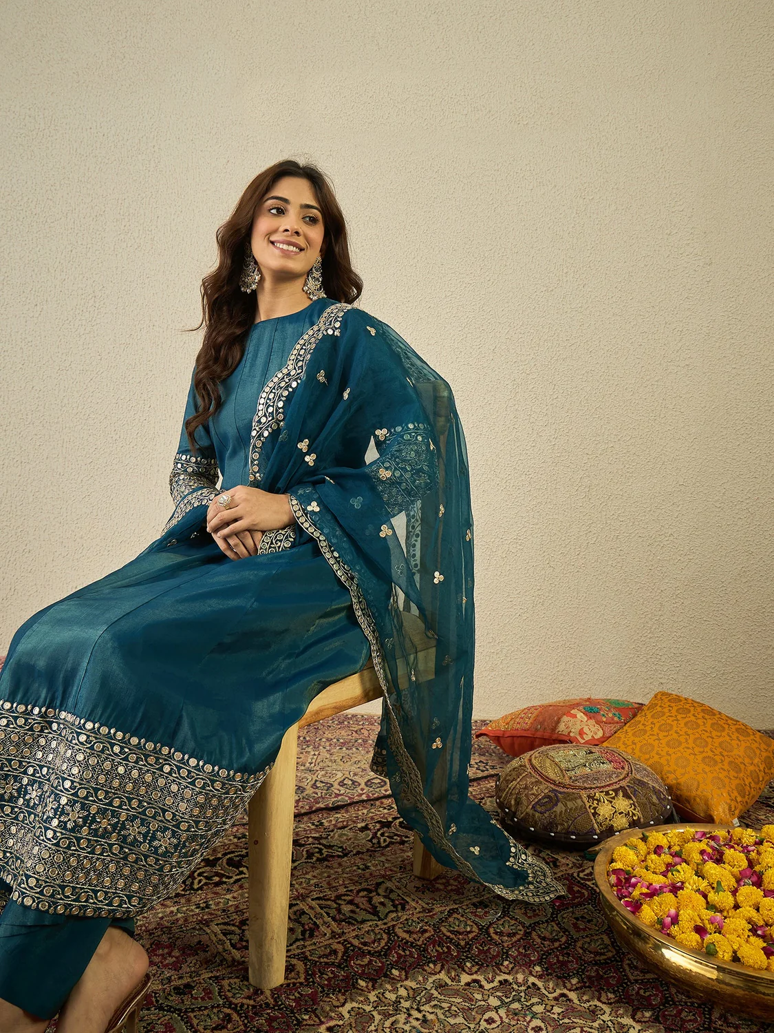Teal Anarkali lehenga set online Canada with intricate embroidery, perfect for festive occasions