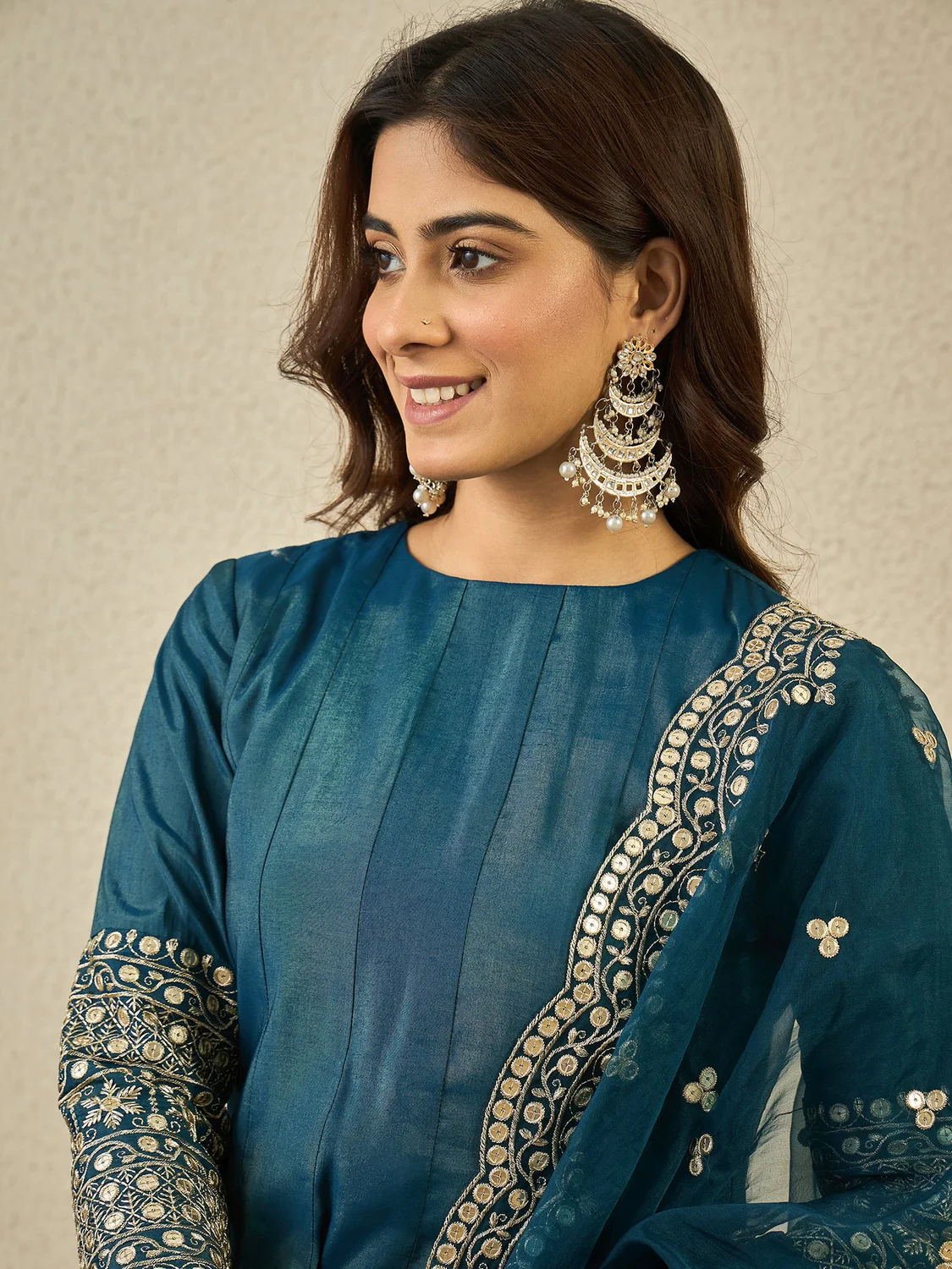 Teal Anarkali lehenga set online Canada featuring intricate embroidery, ideal for festive occasions