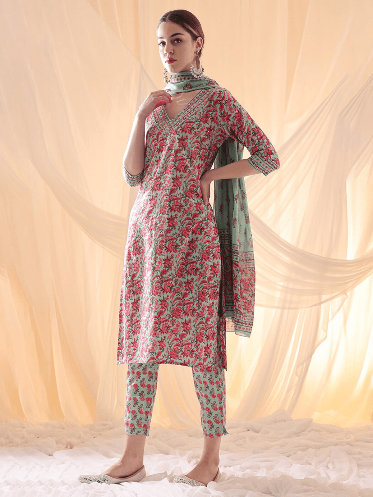 Teal Cotton Straight Kurta Set for Women – Floral Print with Voile Dupatta - aromie