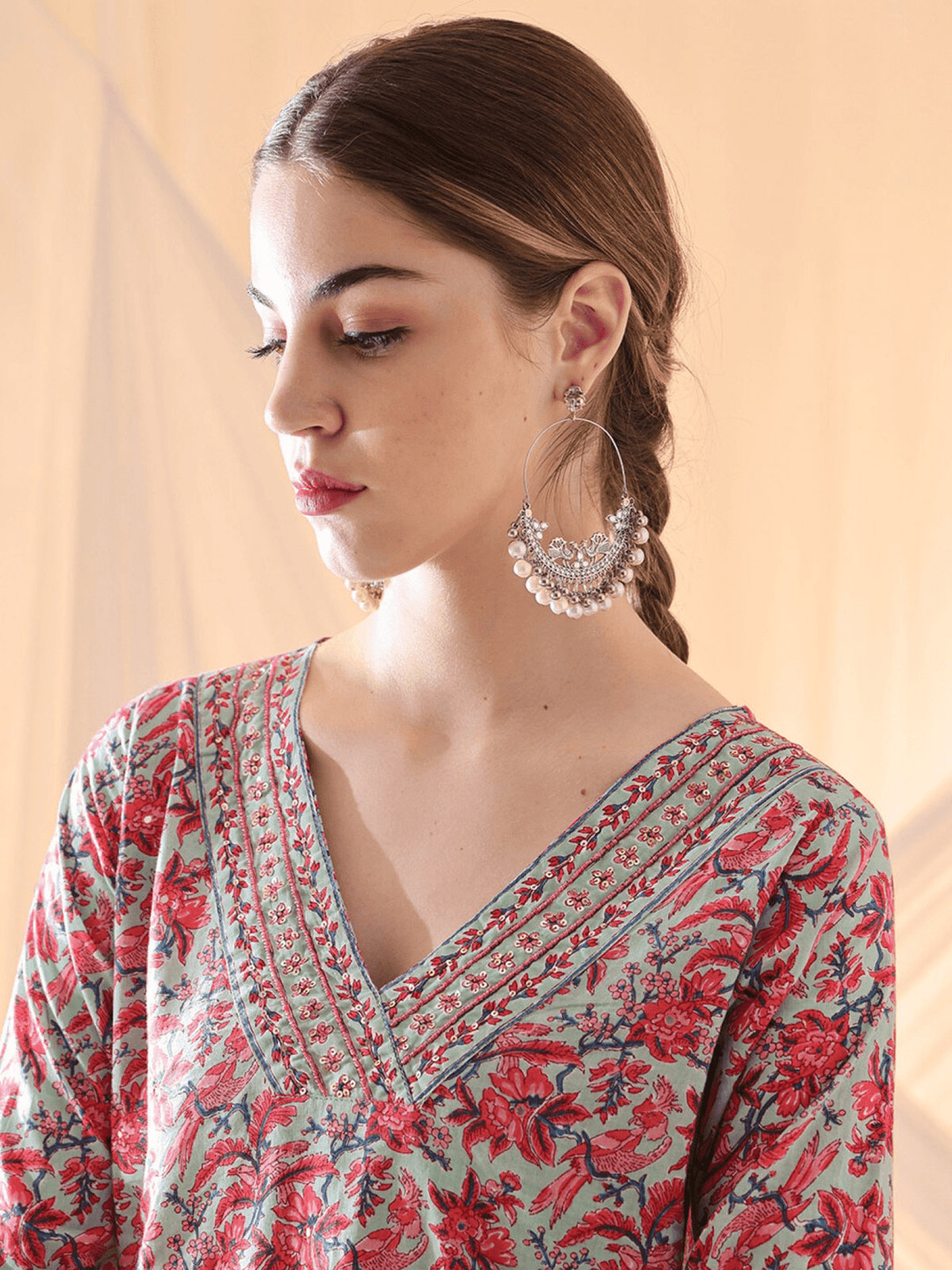 Teal Cotton Straight Kurta Set for Women – Floral Print with Voile Dupatta - aromie