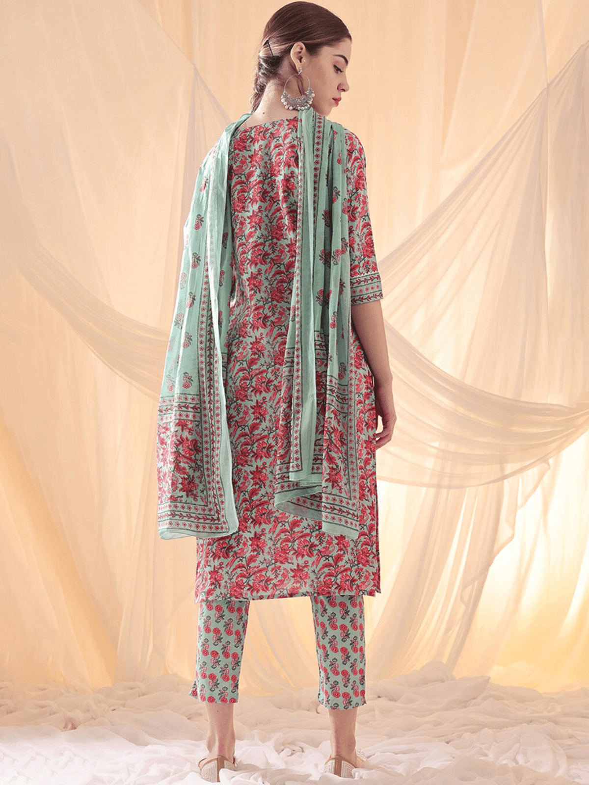 Teal Cotton Straight Kurta Set for Women – Floral Print with Voile Dupatta - aromie