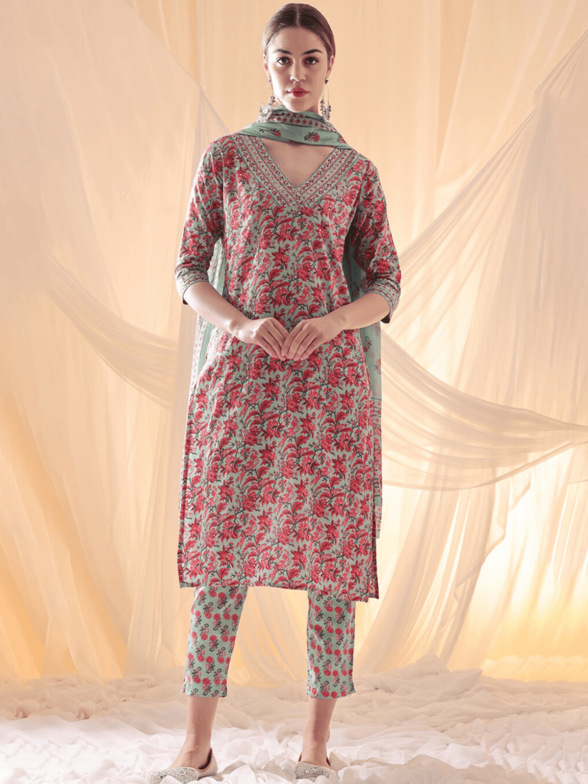 Teal Cotton Straight Kurta Set for Women – Floral Print with Voile Dupatta - aromie